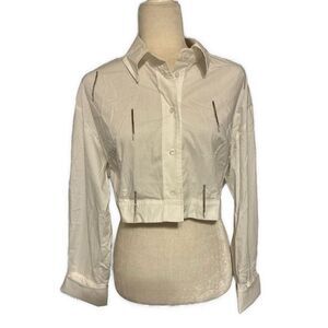 zarina style white long sleeve crop button down silver fringe 42 Medium